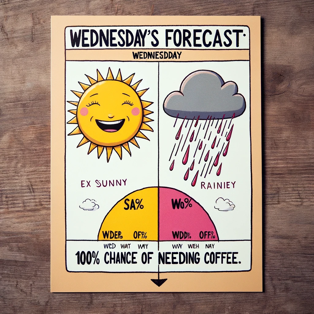 A humorous depiction of a weather forecast, showing either extremely sunny or rainy weather. The image should include a weather forecast chart or icon, clearly indicating it's Wednesday. The caption should be: "Wednesday's Forecast: 100% chance of needing coffee." The image should playfully combine elements of weather forecasting with the midweek need for extra energy, in a lighthearted and amusing manner.