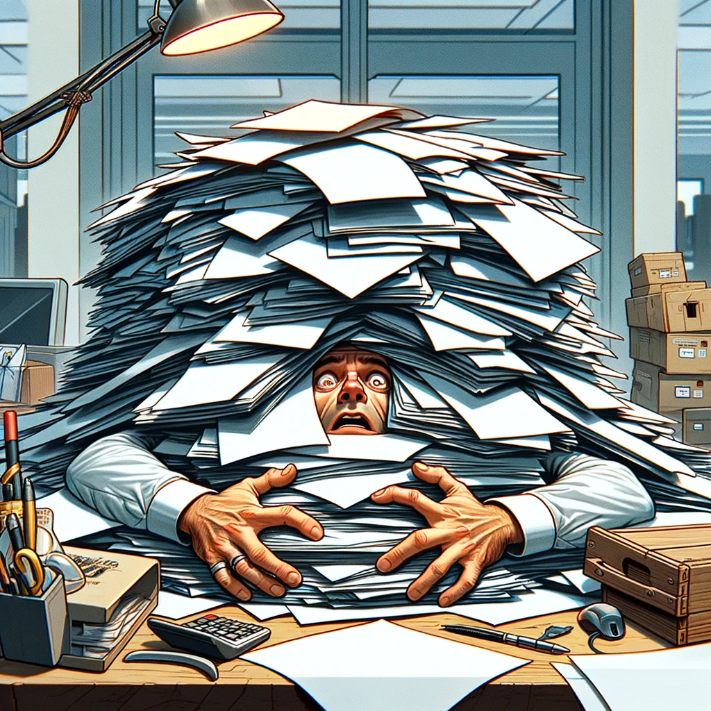 A cartoon or image of someone buried under a pile of paperwork, with only their head or hands visible. The setting should be an office, with a desk and office-related items around. The expression on the person's face should be one of overwhelmed or comic despair. There should be a caption saying: "When it's only Wednesday but your week has already been a year long." The image should capture the feeling of being overwhelmed in a humorous and exaggerated way.