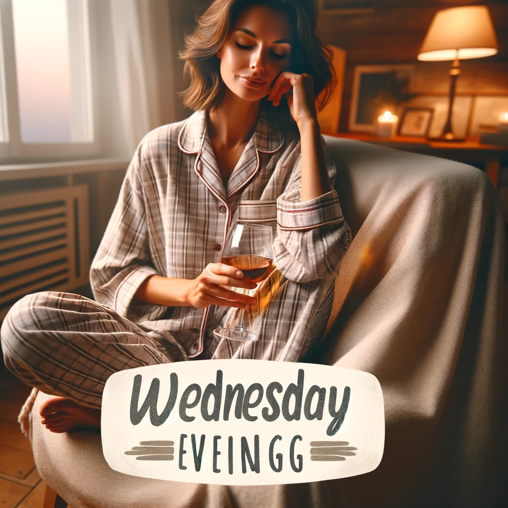 A cozy image of a person in pajamas with a relaxed posture, sitting comfortably in a home environment. The person is holding a glass of wine or a book, looking content and at peace. The setting should be warm and inviting, possibly with a soft chair or sofa, and a calm evening atmosphere. The text on the image says: "Wednesday evening vibes." The image should convey a sense of relaxation and enjoyment, typical of a midweek evening spent unwinding.