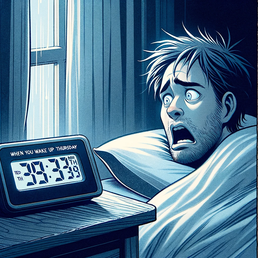 A person with a shocked or dismayed expression, waking up in bed, with a digital clock showing Monday's date. The caption reads, "When you wake up thinking it's Thursday but it's only Wednesday." The scene should convey a sense of surprise and mild frustration, typical for a weekday morning realization.