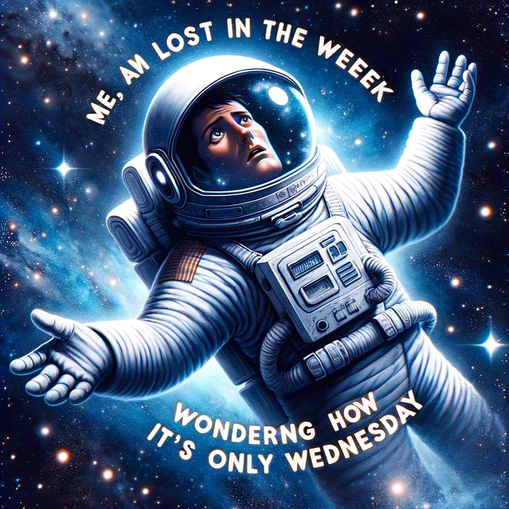 An astronaut floating in space with a bewildered look on his face, surrounded by the vastness of space and stars. The astronaut's expression conveys confusion and surprise. There's a caption in bold letters that reads: "Me, lost in the week, wondering how it's only Wednesday." The image has a humorous and light-hearted tone, capturing the midweek confusion many people feel.