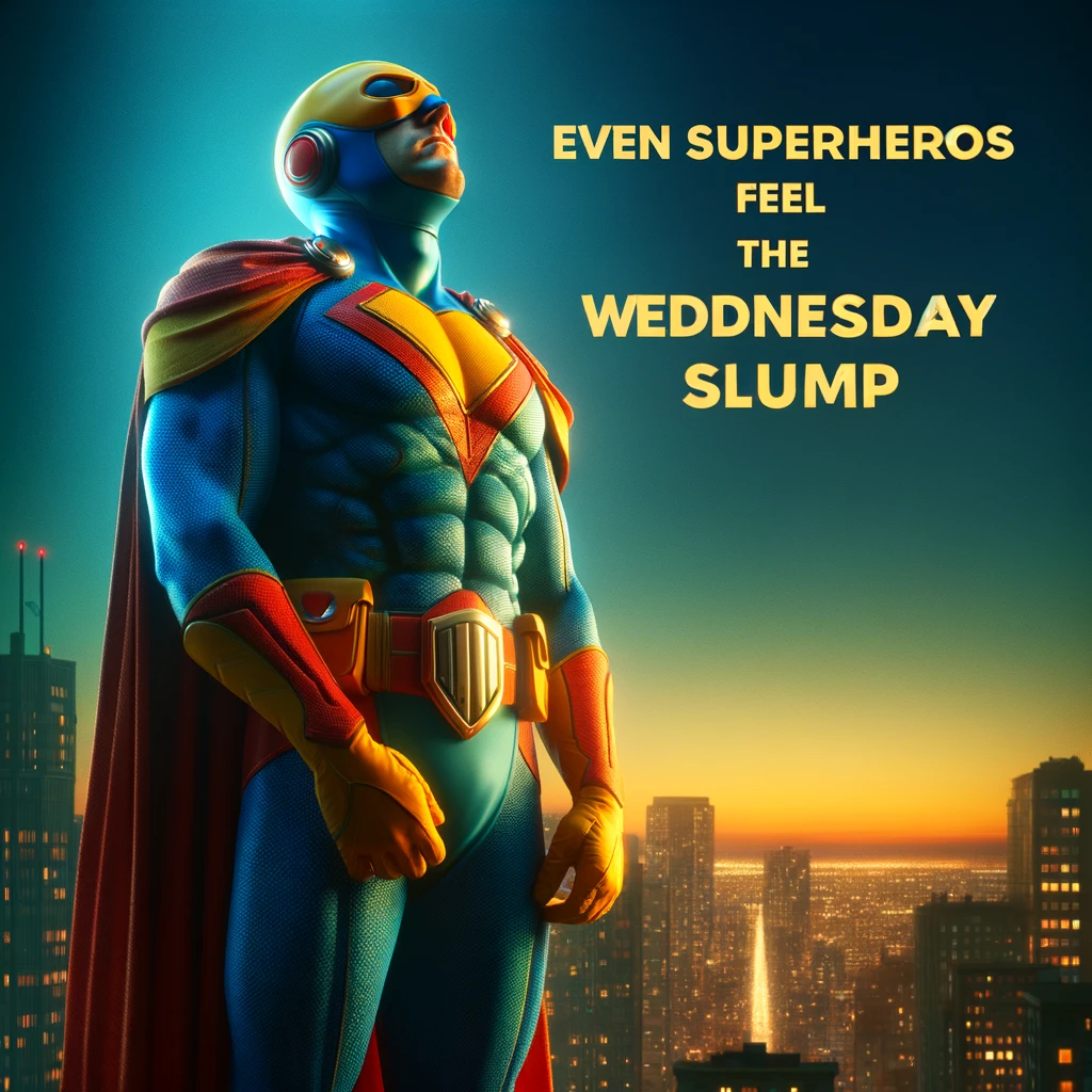 A generic superhero standing with a tired and defeated posture. The superhero is wearing a colorful costume, with a cape drooping. The superhero's face shows exhaustion and a sense of being overwhelmed. The background is a cityscape at dusk. A caption at the bottom of the image reads: "Even superheroes feel the Wednesday slump." The tone of the image is humorous and relatable, reflecting the midweek fatigue that many people experience.