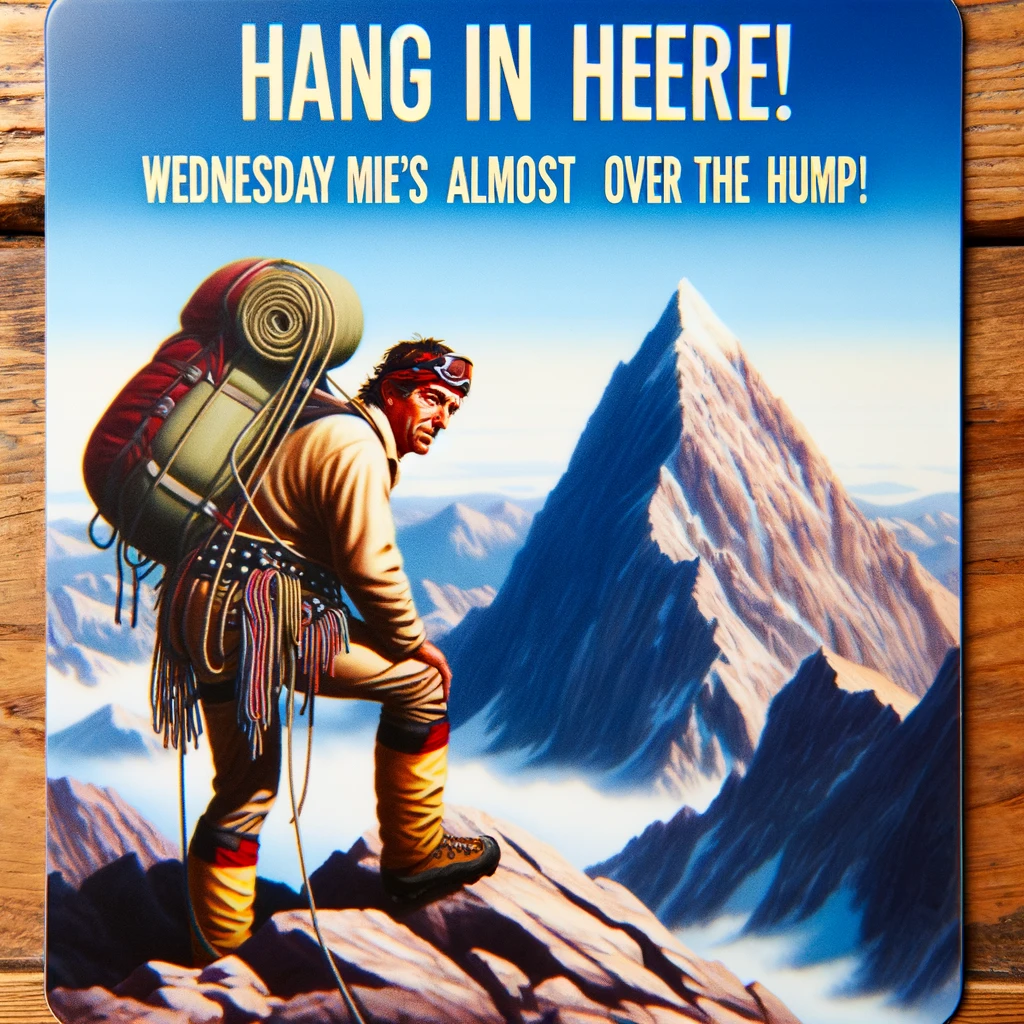 An image depicting a mountain climber close to the summit of a high peak. The climber is wearing appropriate climbing gear and looks determined yet tired. The mountain scenery is rugged and beautiful, with the peak visible in the near distance. At the bottom of the image, a caption reads: "Hang in there! Wednesday means you're almost over the hump!" The image conveys a sense of achievement and the challenge of reaching the midweek milestone, with a humorous and encouraging tone.