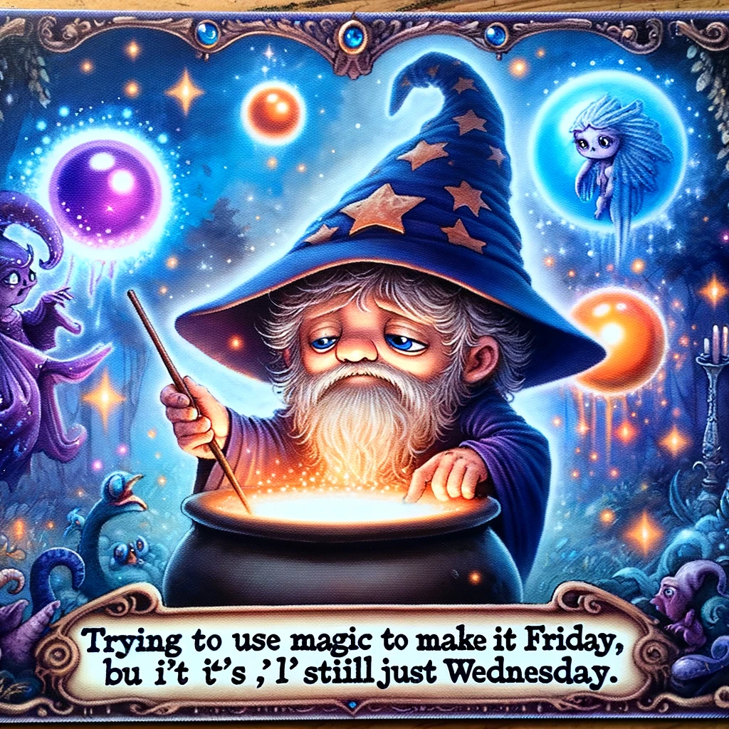 A whimsical image of a wizard or magician, surrounded by magical elements like floating orbs, stars, and a mystical aura. The wizard is holding a wand and appears to be casting a spell. The expression on the wizard's face is one of concentration and slight frustration. The background is a magical landscape with mystical creatures. The caption says: "Trying to use magic to make it Friday, but it's still just Wednesday." The image has a humorous and fantastical tone, capturing the playful idea of using magic to skip ahead in the week.