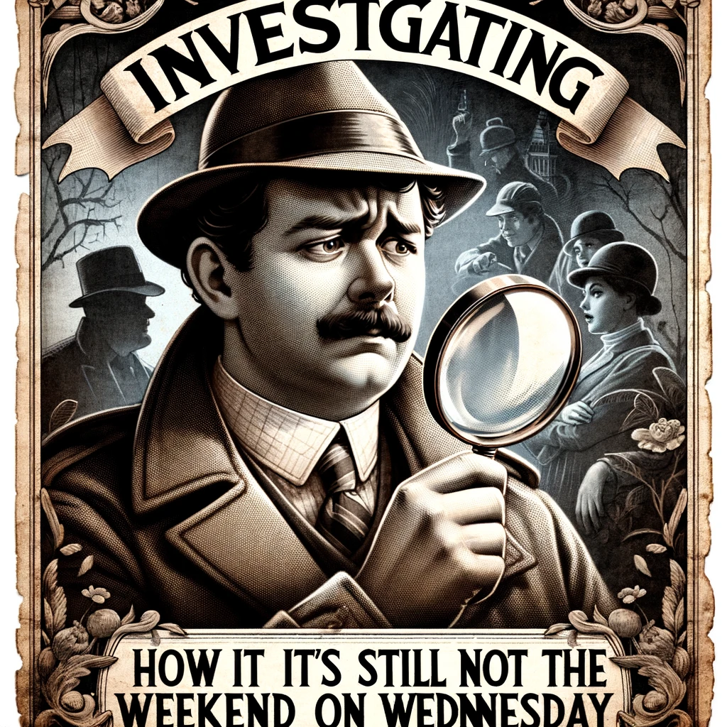 A detective with a confused expression, holding a magnifying glass and looking at clues. The detective is wearing a classic detective hat and coat, resembling a vintage investigator. The background has elements of a mystery novel, like shadowy figures and mysterious objects. The caption reads: "Investigating how it's still not the weekend on Wednesday." The image has a humorous and curious tone, reflecting the puzzlement many feel about how slowly the week seems to progress.