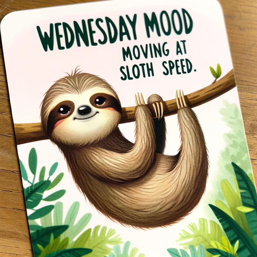 An adorable sloth moving slowly, depicted in a cute and charming style. The sloth is hanging from a tree branch with a relaxed and sleepy expression, embodying the essence of slowness. The background is a lush, tropical forest setting, enhancing the natural habitat of the sloth. The caption on the image reads: "Wednesday mood: moving at sloth speed." The image is humorous and relatable, emphasizing the slow pace often associated with midweek days.