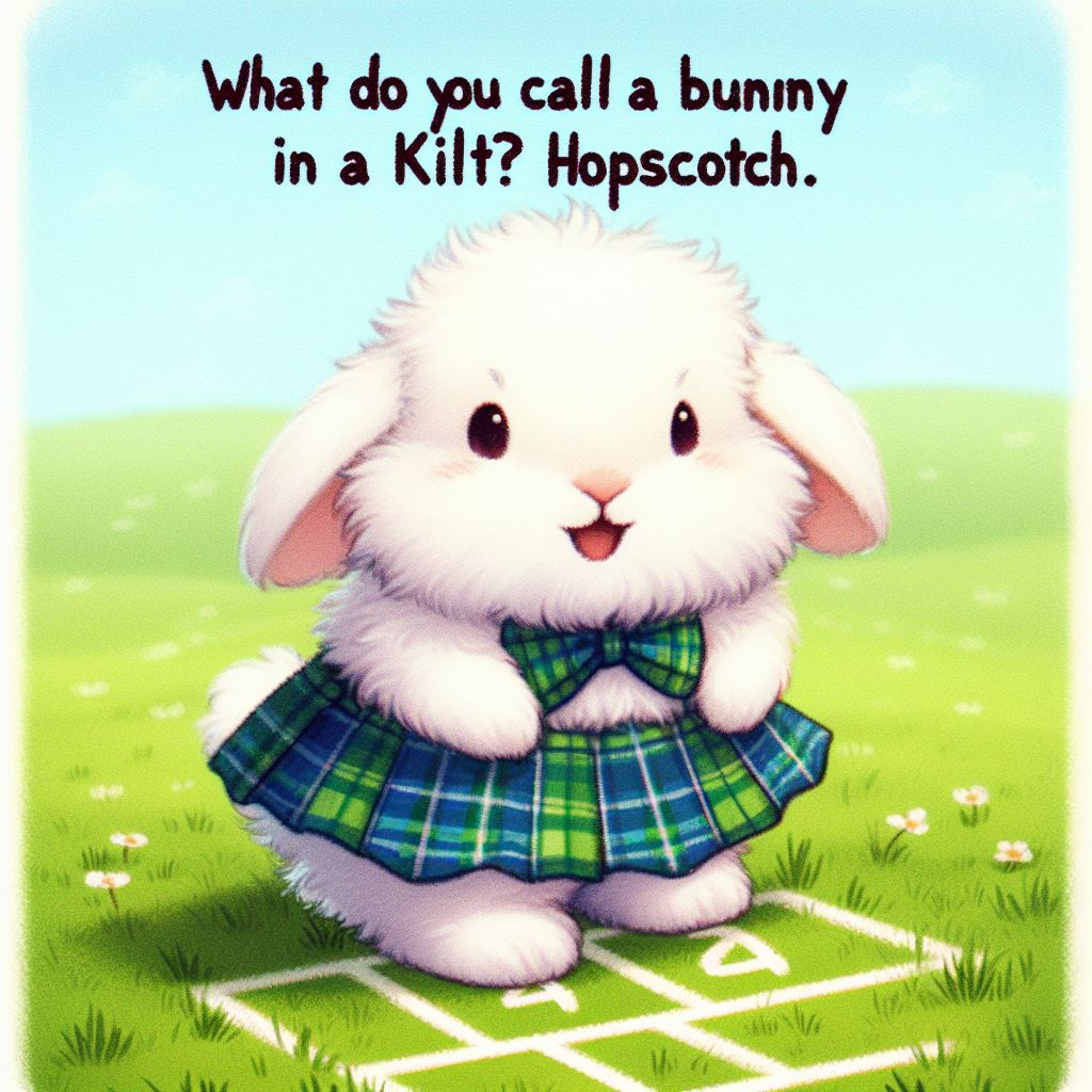 A cute and fluffy white bunny wearing a green and blue plaid kilt and playing hopscotch on a grassy field. The caption reads: 'What do you call a bunny in a kilt? Hopscotch.'