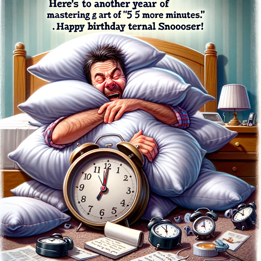 A funny picture of a man hitting the snooze button on his alarm clock, buried under a pile of pillows. The room is in disarray with multiple alarm clocks scattered around. The man appears half-asleep and comically struggling to reach the snooze button. A caption at the bottom reads: "Here's to another year of mastering the art of 'just 5 more minutes.' Happy Birthday to my eternal snoozer!" The image should be humorous, capturing the essence of someone who loves to sleep in.