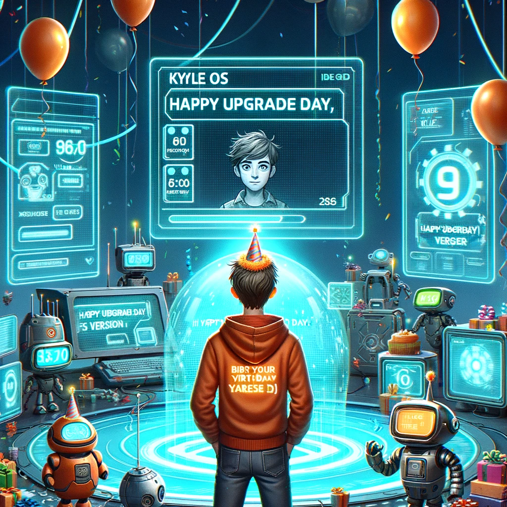 A futuristic scene where a character named Kyle is depicted as a tech wizard, surrounded by holographic screens displaying birthday messages. One of the screens shows "Kyle OS: Version [Age]". Robots in the background are holding balloons and a banner reads, "Happy Upgrade Day, Kyle!"