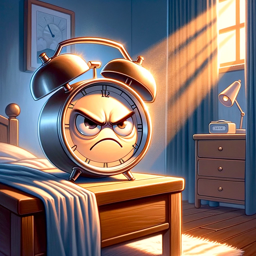 A cartoon image of an alarm clock with a grumpy face, symbolizing frustration. The alarm clock has exaggerated features like large eyes and a frowning mouth. The background is a bedroom setting with morning light streaming in. A caption at the bottom of the image reads: "When your alarm reminds you it's only Wednesday, and not the weekend yet." The image conveys a humorous and relatable feeling of midweek annoyance, common to many people's experience.