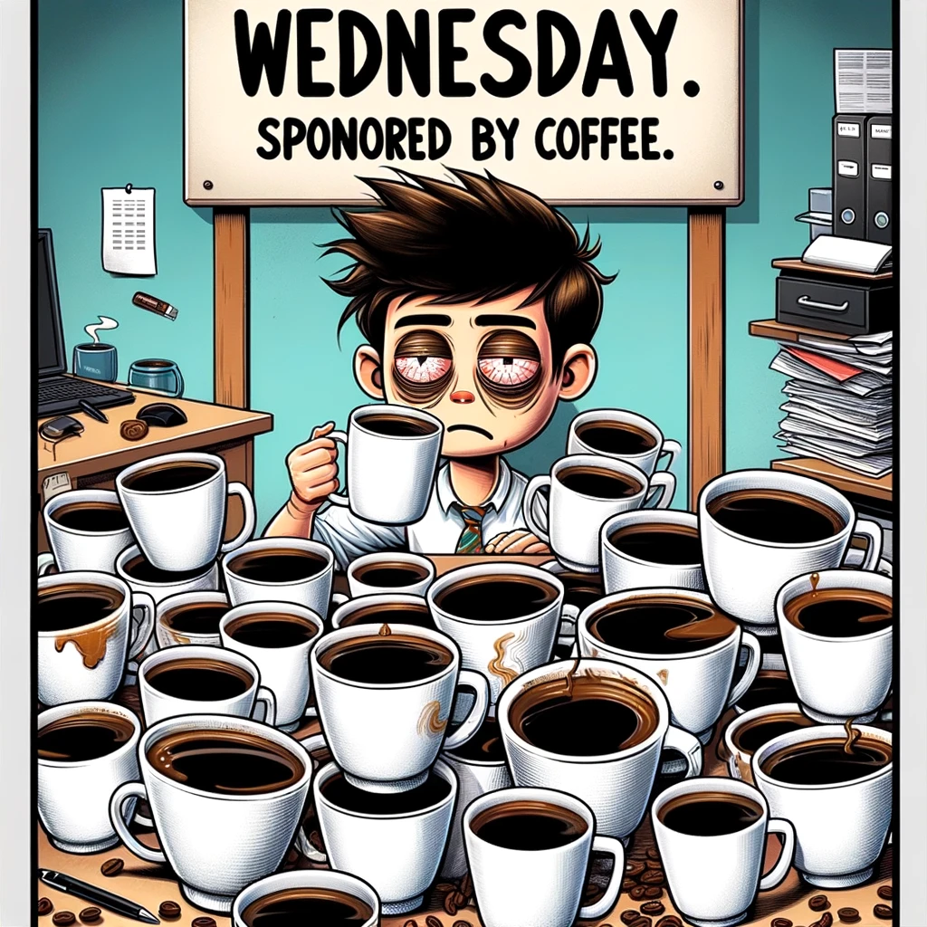 A cartoon or photo-style image of a person surrounded by multiple empty coffee cups, depicting a state of over-caffeination. The person has a tired but determined expression, suggesting they've been drinking a lot of coffee to stay awake. The setting is an office or a home workspace, cluttered with work-related items. The caption reads: "Wednesday. Sponsored by coffee." The image is humorous and relatable, emphasizing the reliance on coffee to get through the midweek hump.