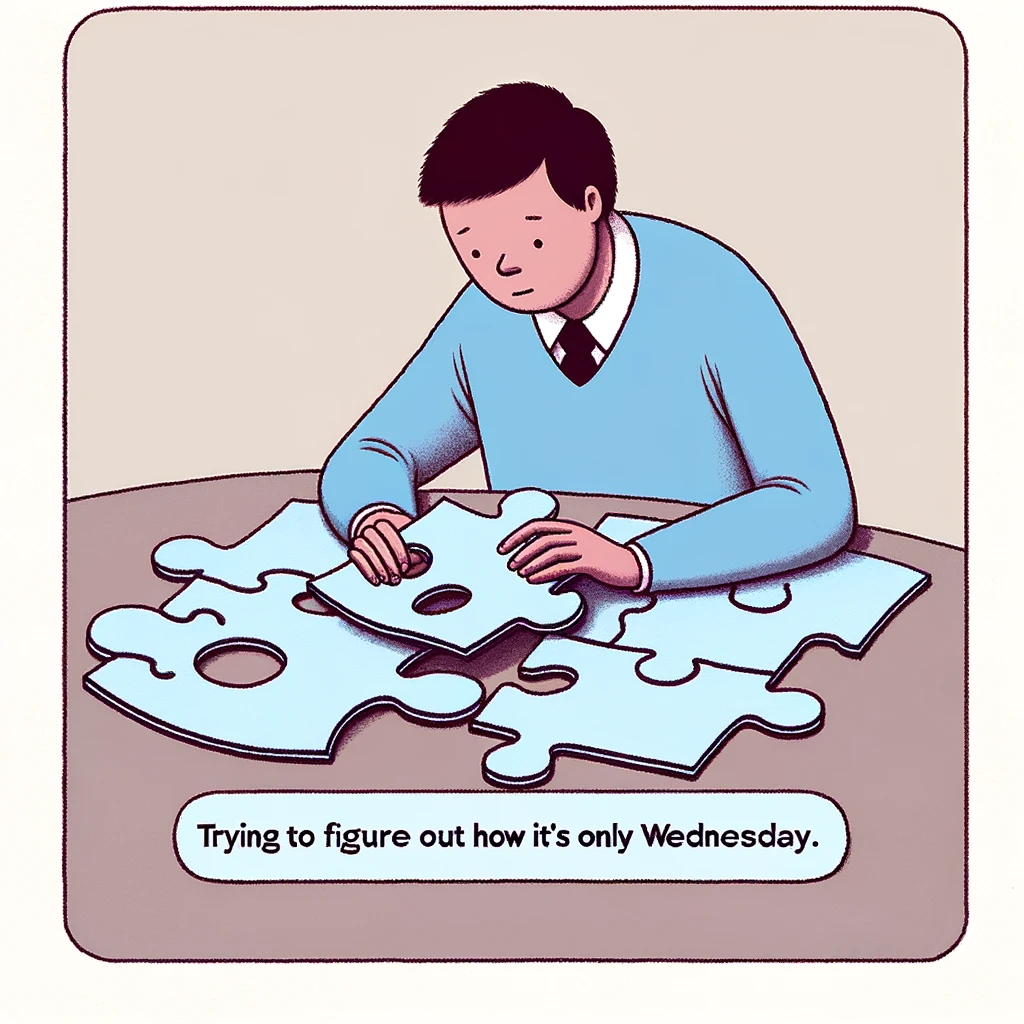 An image of a puzzled person trying to fit two puzzle pieces together. The person looks confused and slightly frustrated, embodying the challenge of solving a puzzle. The background is simple to keep the focus on the person and the puzzle pieces. A caption at the bottom reads: "Trying to figure out how it's only Wednesday." The tone of the image is humorous and relatable, capturing the midweek confusion many people feel.