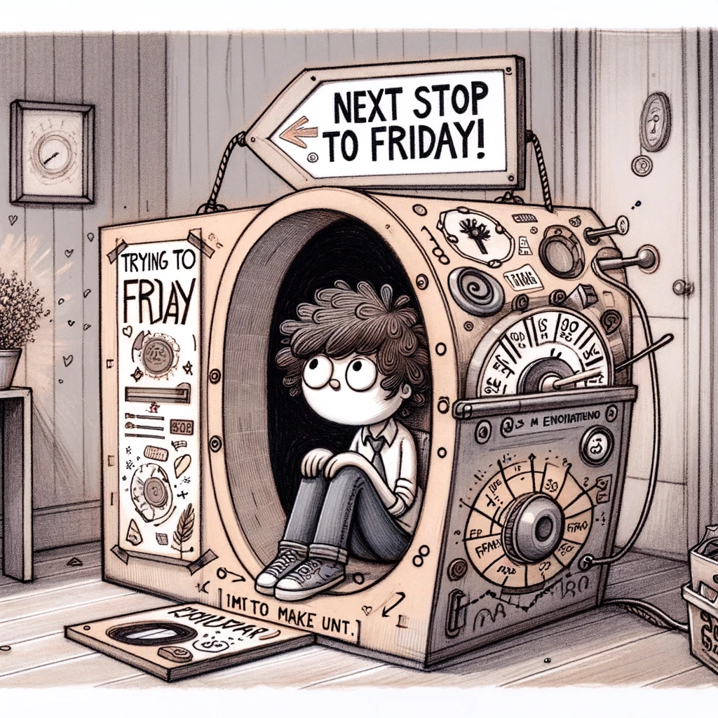 A whimsical drawing of a person sitting in a makeshift 'time machine' made out of a cardboard box. The person looks hopeful and imaginative, sitting inside the box with various doodles and symbols indicating time travel. A sign attached to the box says, "Next stop: Friday!" The background is a room, suggesting a playful home environment. The caption reflects the desire to skip the midweek day: "Trying to make it to Friday." The tone of the image is humorous and imaginative, capturing the wishful thinking of speeding through the week.