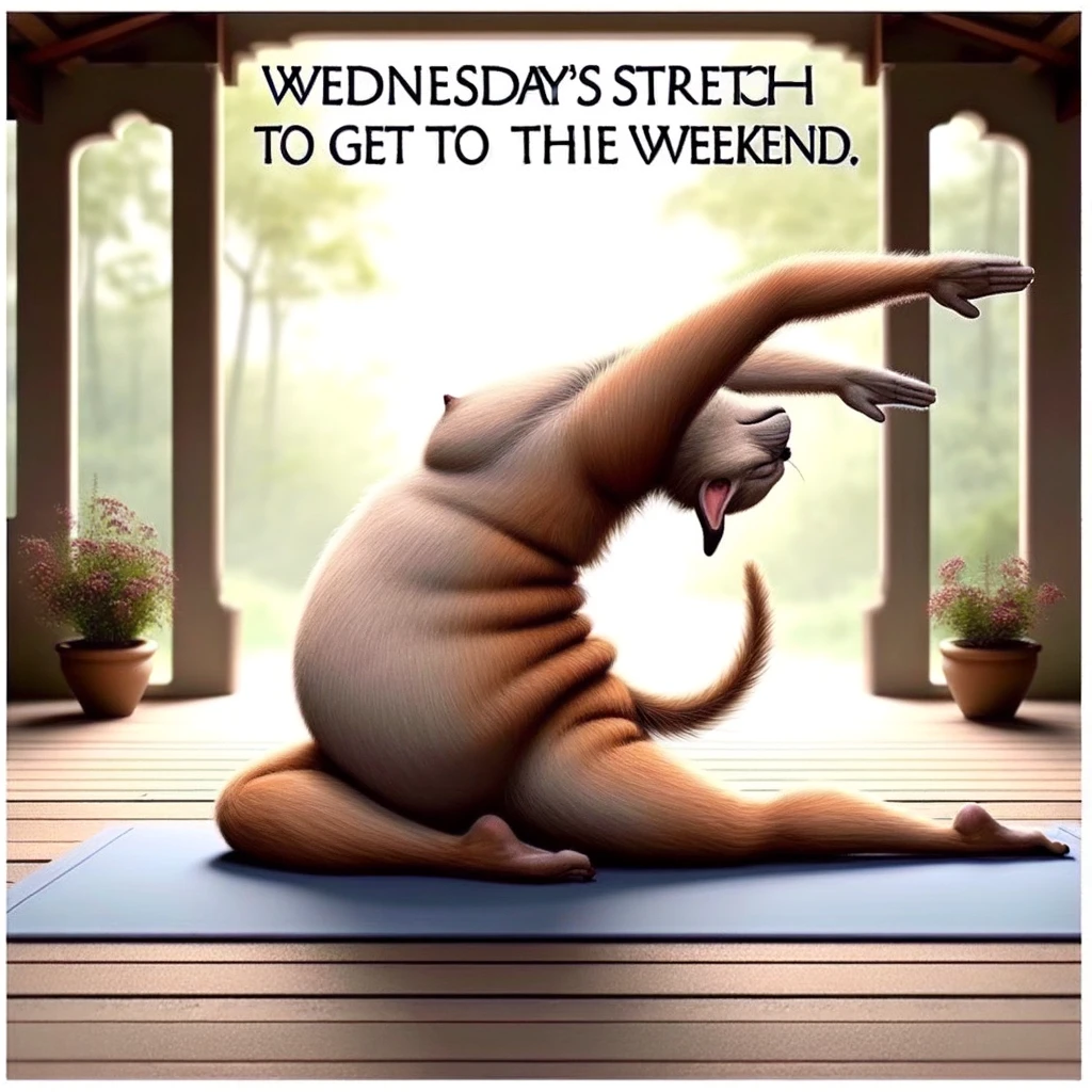 A funny image of a person or animal in a comical yoga pose, capturing the essence of a midweek stretch. The character, either human or animal, is attempting a yoga pose that looks a bit awkward or exaggerated, symbolizing the effort to get through the week. The setting is a peaceful yoga studio or a serene outdoor environment. The text on the image says: "Wednesday's stretch to get to the weekend." The image is humorous and light-hearted, reflecting the sometimes challenging but amusing journey through the midweek.