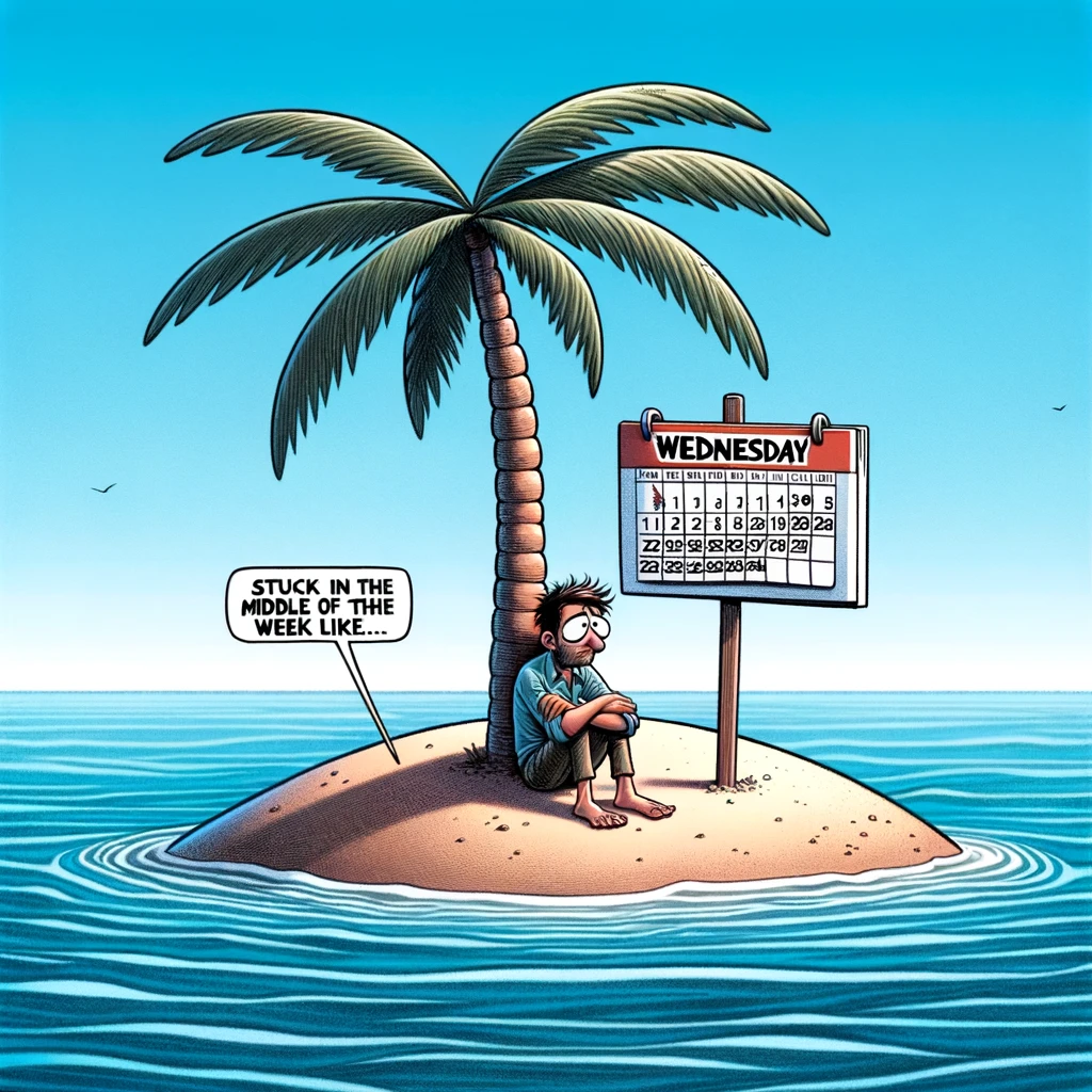 A cartoon of someone stranded on a small desert island, looking forlorn and isolated. The island is tiny, with just a single palm tree and a bit of sand. The person is sitting under the tree, looking at a calendar showing only Wednesday. The ocean surrounds the island, emphasizing the feeling of being stuck. The caption reads: "Stuck in the middle of the week like..." The image is humorous and captures the feeling of being stranded in the middle of the week, waiting for the weekend.