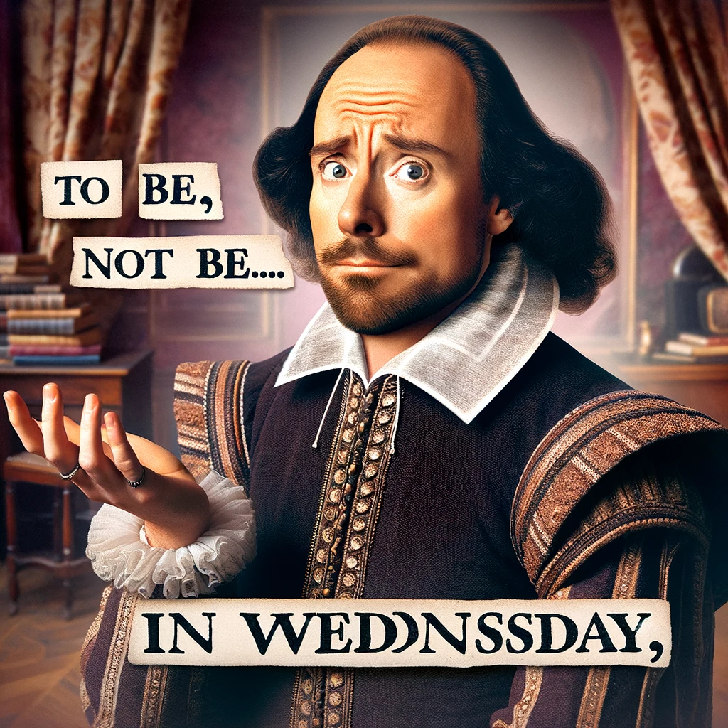 An image of a historical figure, like Shakespeare, looking confused and contemplative. The figure is dressed in period clothing, with a classic Elizabethan appearance. The background is a historical setting, like a study or a stage, to match the figure's era. The caption humorously reads: "To be, or not to be... in Wednesday," playing on the famous quote. The image is humorous and whimsical, blending historical context with the common midweek confusion.