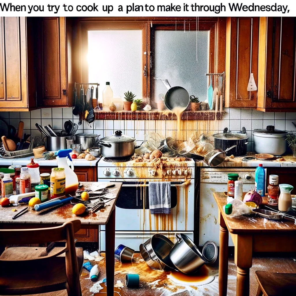 A photo of a kitchen mess, capturing the chaos of a cooking disaster. The scene includes spilled ingredients, an overboiled pot, and a general sense of disarray. The kitchen looks used and lived-in, with utensils and cookware scattered around. The caption reads: "When you try to cook up a plan to make it through Wednesday," humorously relating the kitchen chaos to midweek struggles. The image is humorous and relatable, depicting the sometimes overwhelming feeling of getting through the middle of the week.