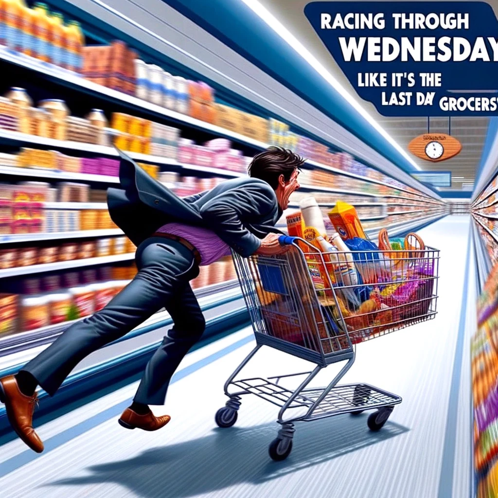 An image of a person frantically shopping in a supermarket, conveying a sense of urgency. The person is rushing with a shopping cart, grabbing items off the shelves in a hurried manner. The supermarket is busy and full of products, adding to the sense of haste. The caption at the bottom of the image reads: "Racing through Wednesday like it's the last day to buy groceries." The image is humorous and captures the hectic pace often associated with midweek errands and tasks.