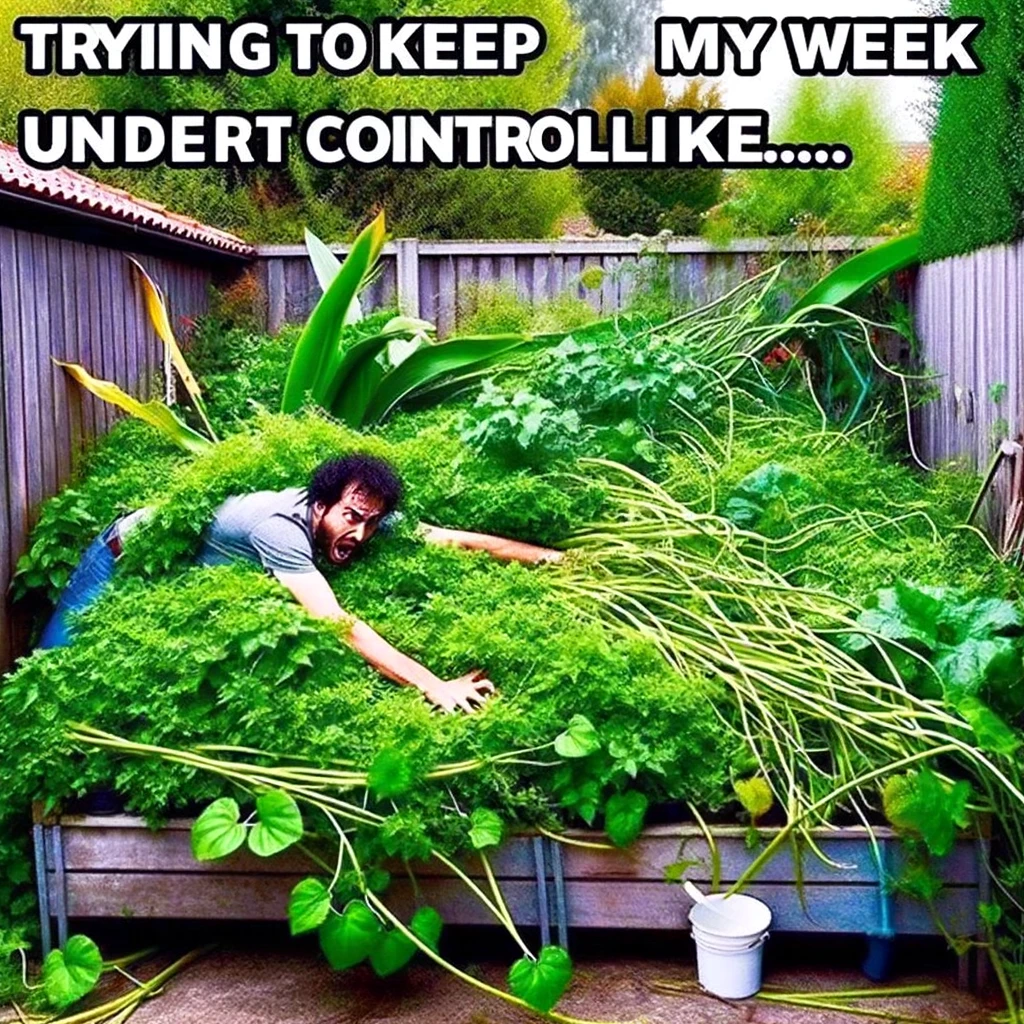 A humorous image of someone struggling with overgrown plants in a garden. The person looks overwhelmed and slightly comical as they attempt to manage the unruly garden. The plants are oversized and chaotic, adding to the sense of struggle. The setting is a backyard garden, lush and green. The caption reads: "Trying to keep my week under control like..." The image is funny and relatable, symbolizing the effort to manage the challenges and surprises of midweek.