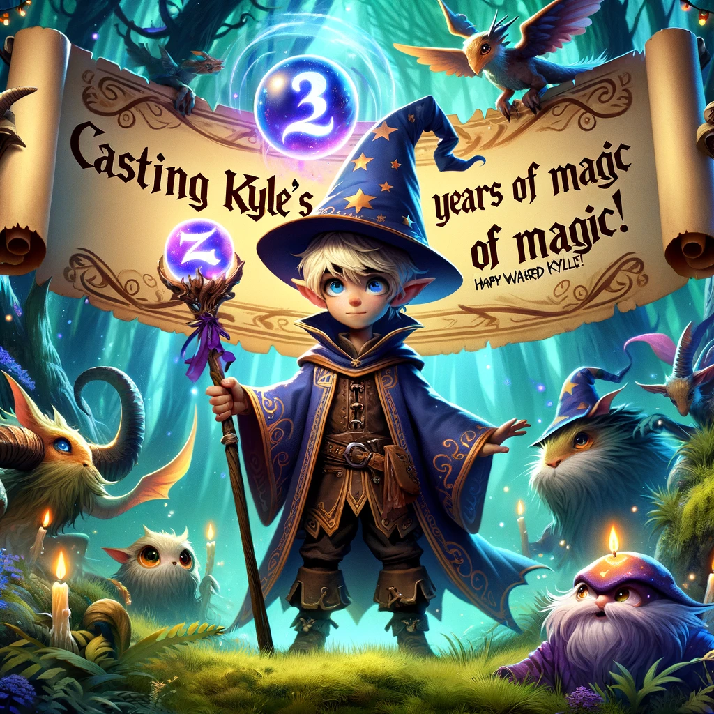 An enchanting image of a character named Kyle dressed as a wizard, standing in a mystical forest. His staff is topped with a magic orb showing the number of his age. Around him are mythical creatures holding a scroll that reads, "Casting [Kyle's age] years of magic. Happy Birthday, Wizard Kyle!"