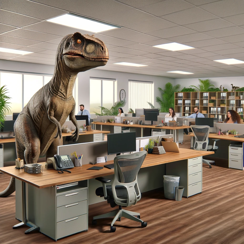 A humorous image featuring a dinosaur in a modern office setting. The dinosaur should look bewildered or out of place, emphasizing the contrast between the prehistoric creature and the contemporary office environment. The office should be typical with modern furniture like desks, computers, and office workers. Include a caption at the bottom of the image that reads: "Feeling like a prehistoric creature trying to make it through Wednesday." The scene should evoke a sense of humor, highlighting the incongruity of a dinosaur in a modern workplace.