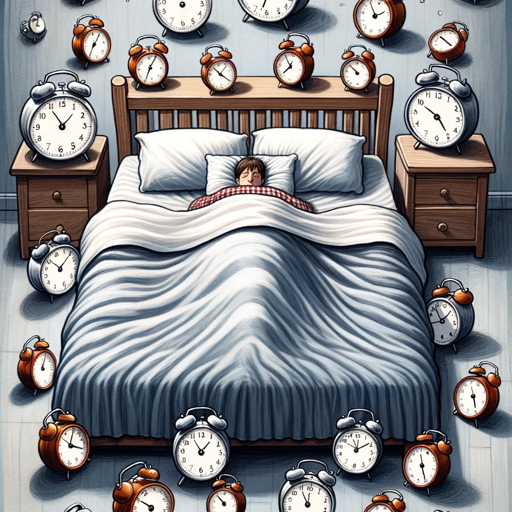 A humorous image depicting someone sleeping peacefully in a bed surrounded by multiple alarm clocks that are all ringing. The person appears undisturbed by the noise. The image should convey a cozy and comfortable sleeping environment, contrasting with the loud and numerous alarm clocks. At the top, include the caption: 'When your bed is comfier than ever, but it's Monday morning.' The style should be lighthearted and slightly exaggerated to emphasize the humor in the situation.