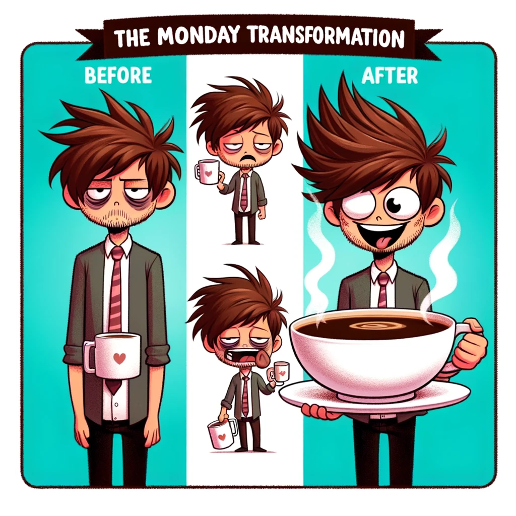 A before-and-after style meme image. The 'before' side shows a tired and grumpy person with messy hair, looking disheveled and unhappy. The 'after' side shows the same person, now cheerful and well-groomed, holding a comically large cup of coffee. The transition from grumpy to happy should be humorously exaggerated. Include the caption at the bottom: 'The Monday Transformation.' The style should be cartoonish and funny, emphasizing the drastic change in the person's appearance and mood before and after coffee.