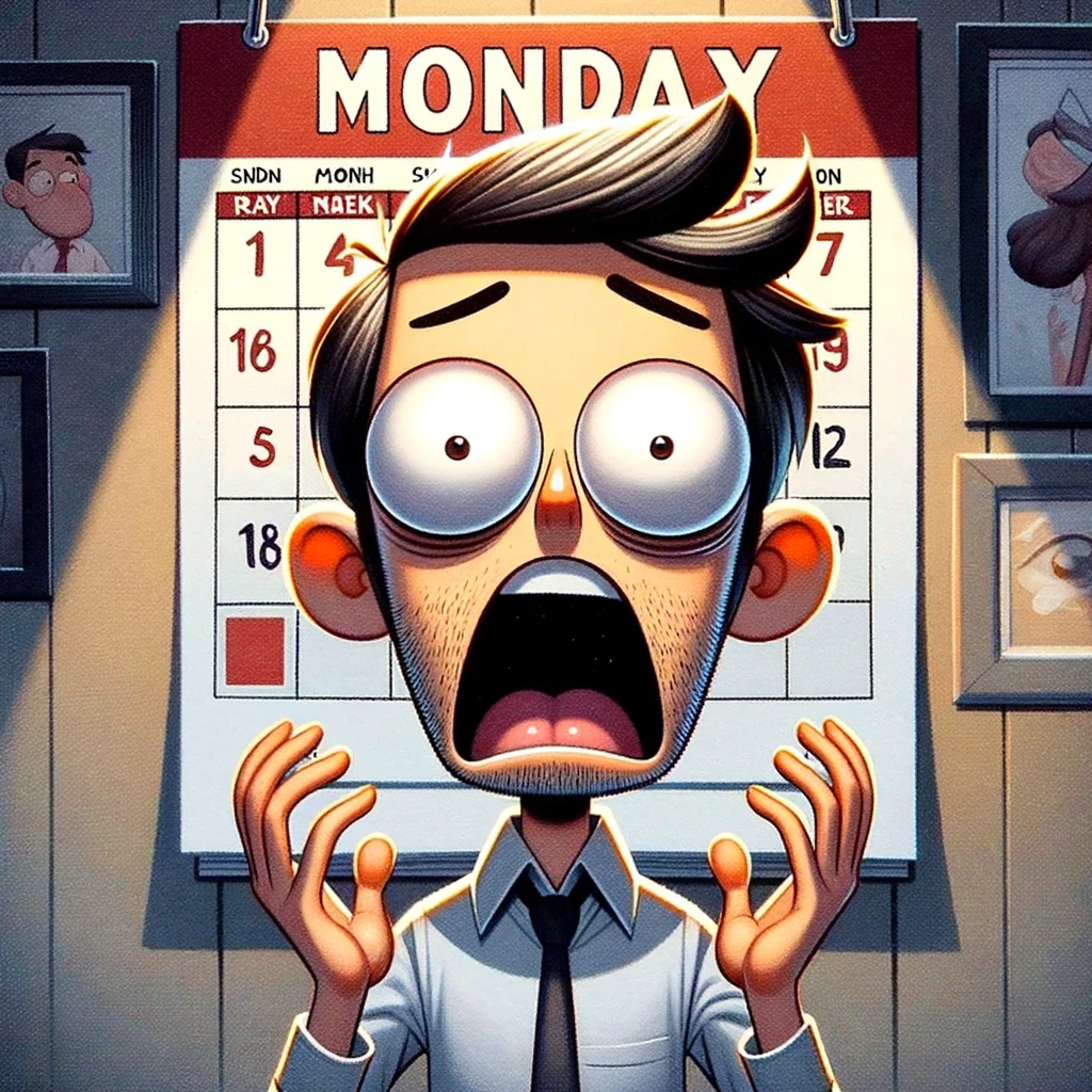 A cartoon character looking shocked and dismayed in front of a calendar showing Monday. The character's expression should be exaggeratedly surprised, conveying a humorous sense of disbelief. The image should have a playful, cartoonish style, emphasizing the character's sudden realization and dismay. In the background, subtle hints of a relaxed Sunday environment should be visible, contrasting with the sudden jolt of Monday's arrival. Include the caption at the bottom: 'That moment when Sunday night suddenly turns into Monday morning.'