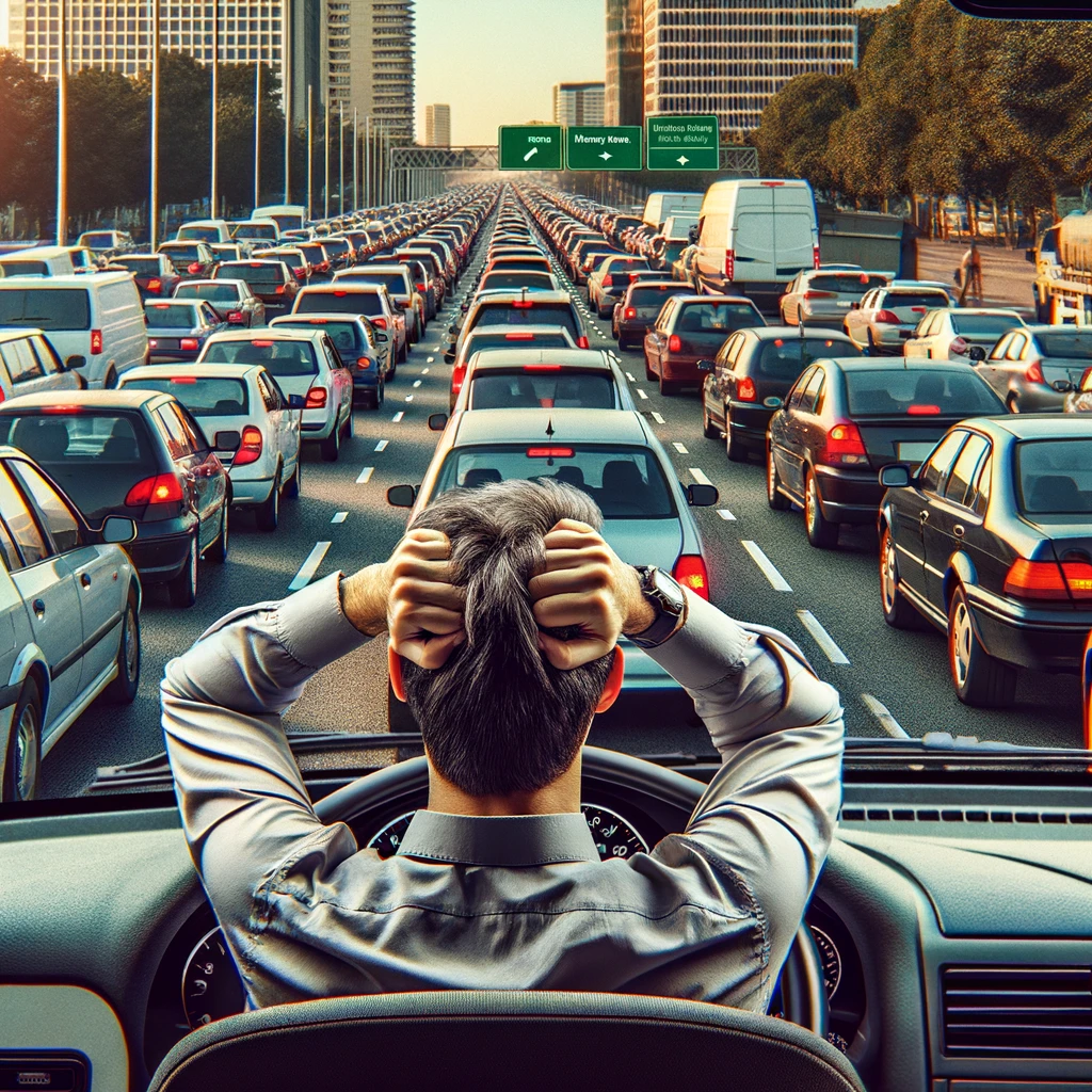 A photo of a long line of cars stuck in traffic with a visibly frustrated driver in the foreground. The image should depict a typical busy morning traffic scene, with many cars lined up, and the focus on one driver who looks stressed and impatient. The environment should clearly indicate a city or urban setting. The mood of the image should be humorous, highlighting the common frustration of Monday morning commutes. Include the caption at the top: 'Monday morning - when every road leads to work.' The style should be realistic but with a comedic tone.