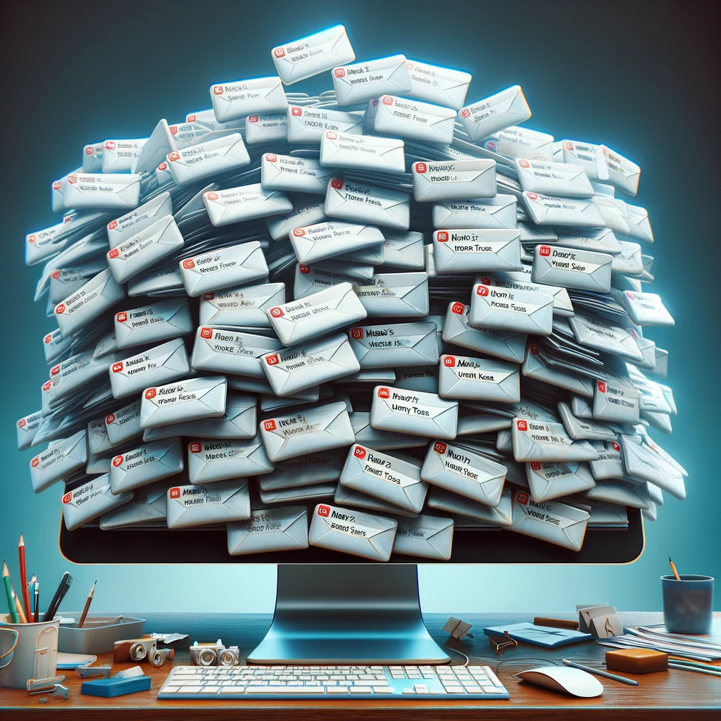 An image depicting an overflowing email inbox with subject lines showing 'Monday tasks'. The email inbox should appear extremely full and chaotic, symbolizing an overwhelming number of tasks. The focus should be on the computer screen displaying the inundated inbox. The style should be slightly exaggerated to emphasize the humor and the overwhelming nature of Monday's workload. Include the caption at the bottom: 'Monday's inbox - where emails multiply magically.' The overall tone should be humorous and relatable, with a touch of playful exaggeration.