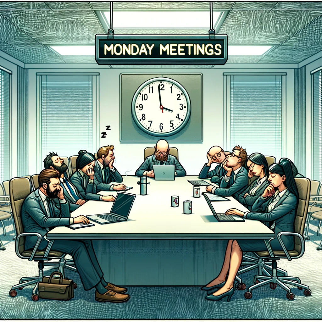 An image of a conference room with a group of bored and sleepy employees and a clock showing an early time. The setting should be a typical office meeting room with a long table and chairs, and employees sitting around it, looking tired and unenthusiastic. One or two employees might be dozing off. The clock on the wall should indicate an early morning time. The style should be slightly cartoonish and exaggerated to emphasize the humor and monotony of Monday meetings. Include the caption: 'Monday meetings - because why start the week off easy?'