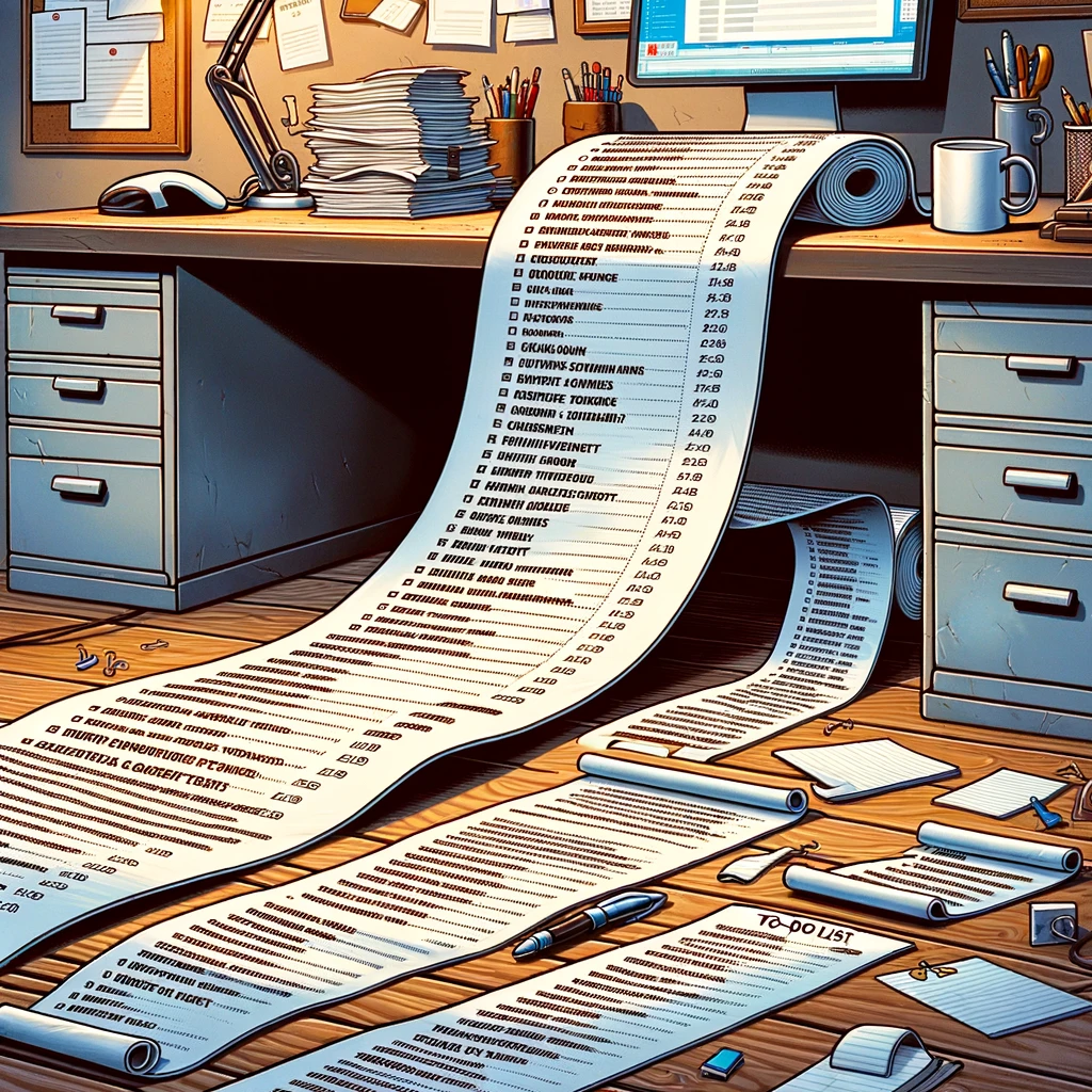 An image depicting a long, scrolling piece of paper filled with tasks, falling off a desk. The paper should be humorously long, spilling onto the floor, symbolizing an endless list of tasks. The tasks listed should be visible but exaggerated in number and variety, adding to the comedic effect. The setting is an office desk, cluttered with usual work items like a computer, coffee mug, and stationery. The style should be slightly cartoonish, emphasizing the overwhelming and never-ending nature of Monday tasks. Include the caption: 'Monday's to-do list - longer than your weekend.'