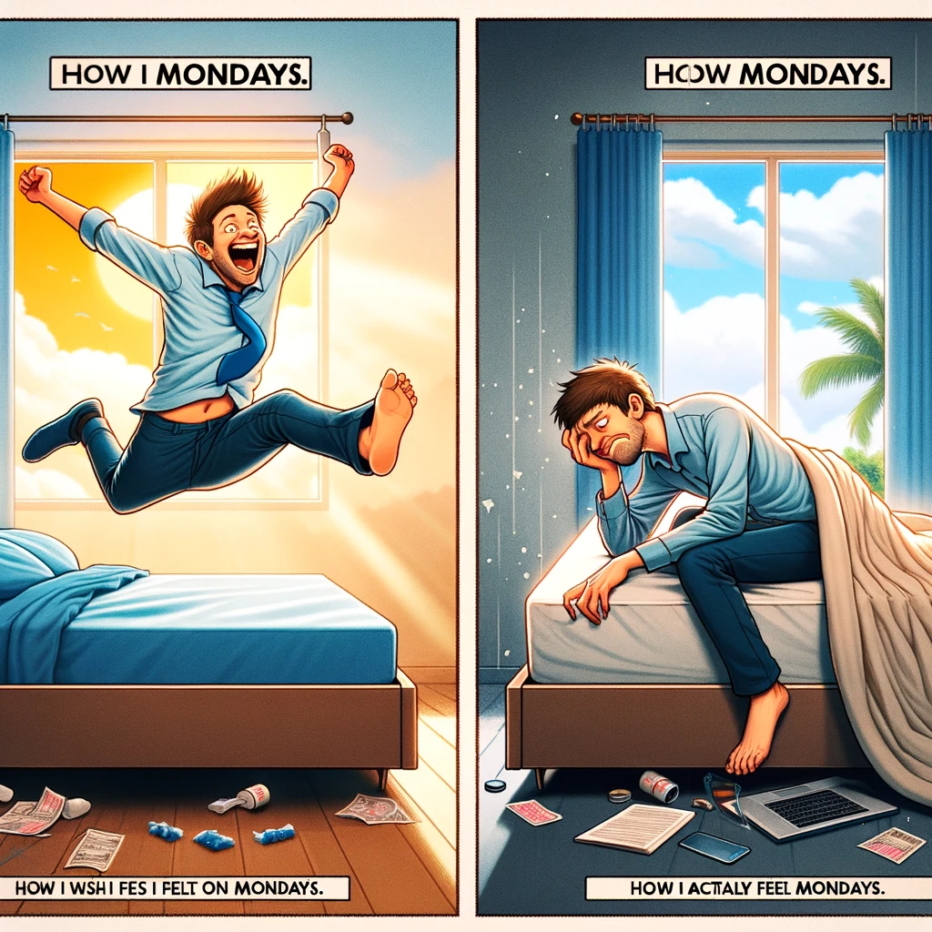A split-screen image showing two contrasting Monday morning scenarios. On the left side, depict a person happily jumping out of bed, full of energy and enthusiasm. This side should be bright and cheerful, symbolizing optimism. On the right side, show the same person reluctantly crawling out of bed, looking tired and unmotivated. This side should have a more subdued and gloomy atmosphere, symbolizing pessimism. The contrast between the two sides should be humorous and exaggerated. Include the captions: 'How I wish I felt on Mondays.' on the left, and 'How I actually feel on Mondays.' on the right.