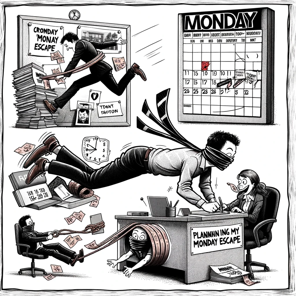 A comic-style drawing of a person using various humorous and exaggerated means to try to escape from an office labeled 'Monday'. The character should be depicted using over-the-top escape methods, like a rope made of ties, a makeshift catapult, or tunneling under the desk, adding a sense of adventure and humor. The office environment should be typical but may include comical elements like a calendar marked 'Monday' and a clock showing an early time. The style should be playful and cartoonish, emphasizing the comedic aspect of trying to escape the mundane routine of Mondays. Include the caption: 'Planning my Monday escape like a heist movie.'