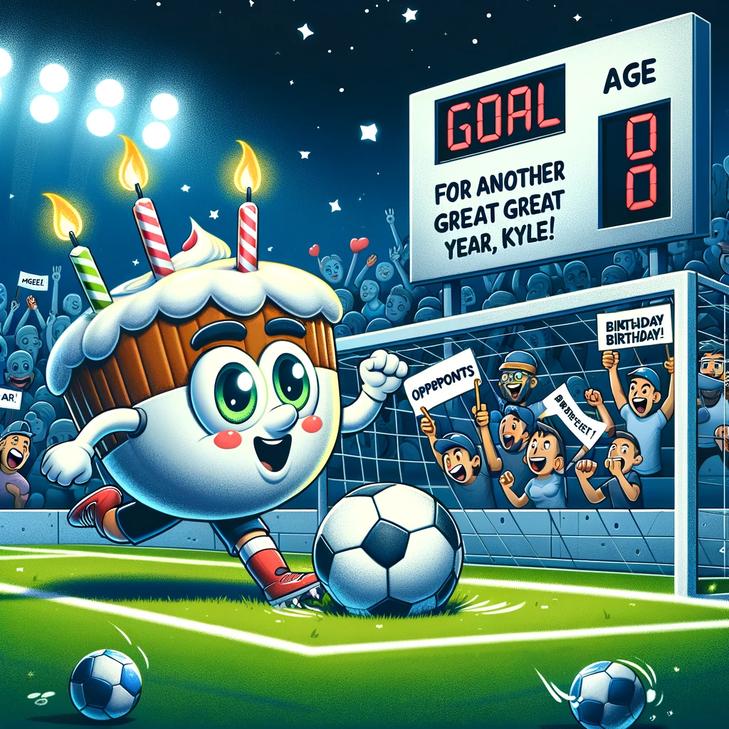 An action-packed scene on a soccer field where a character named Kyle is scoring a goal. The soccer ball is designed like a birthday cake, and the scoreboard shows "Kyle [Age], Opponents 0". Fans in the stands are holding signs saying, "Goal for another great year, Kyle!"