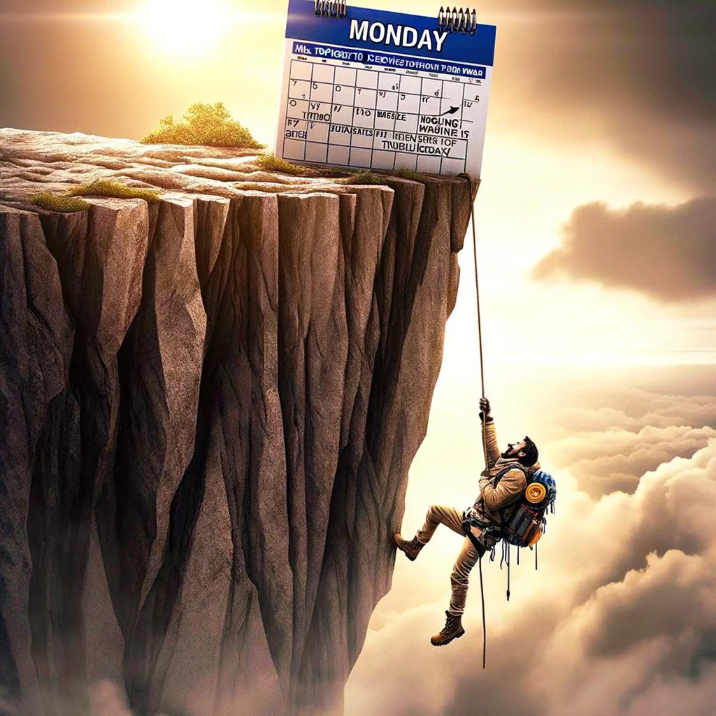A dramatic Monday meme featuring a person in adventure gear, hanging on the edge of a steep cliff. At the top of the cliff, there's a calendar page showing 'Monday'. The person looks determined yet stressed, epitomizing the struggle of getting through the day. The caption below reads, "Me, trying to survive until Tuesday." This image should capture the essence of overcoming the challenging start of the week with a touch of humor and exaggeration.