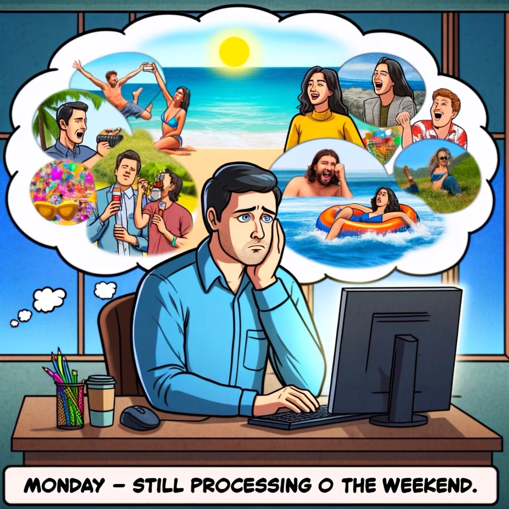 A Monday meme showing a person staring blankly at a computer screen, symbolizing the struggle of returning to work. Surrounding the person are dreamy thought bubbles filled with images of fun weekend activities like a beach, a party, and a hiking trail. The person's expression is one of longing and distraction, encapsulating the difficulty of transitioning from weekend fun to Monday work. The caption below reads, "Monday - still processing the weekend." This image should depict the contrast between the mundanity of Monday work and the vibrant memories of the weekend.