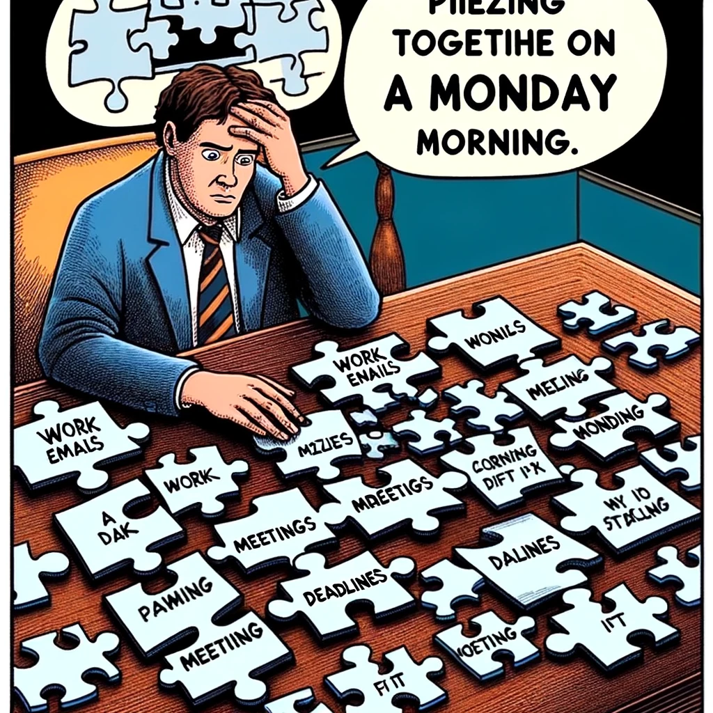 A Monday meme depicting a disoriented person staring at a jigsaw puzzle on a table. The puzzle pieces are uniquely labeled with words like 'work emails', 'meetings', 'deadlines', and more, symbolizing the chaotic start of the workweek. The person looks puzzled and overwhelmed, trying to fit the pieces together. The scene captures the confusion and challenge of organizing a busy Monday schedule. The caption below reads, "Piecing together my life on a Monday morning." This image should humorously illustrate the complexity and disarray typical of a Monday morning.