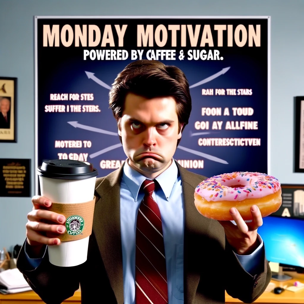 A Monday meme featuring a person looking determined yet ironically counterproductive. They stand in an office, with a motivational poster in the background reading phrases like 'Reach for the stars'. However, the person is clutching a large cup of coffee in one hand and a donut in the other, showcasing a humorous contradiction to the motivational theme. The person's expression is a mix of determination and exhaustion, embodying the Monday struggle. The caption below reads, "Monday Motivation - powered by caffeine and sugar." The image should humorously reflect the reliance on caffeine and sugary treats to kickstart a Monday.