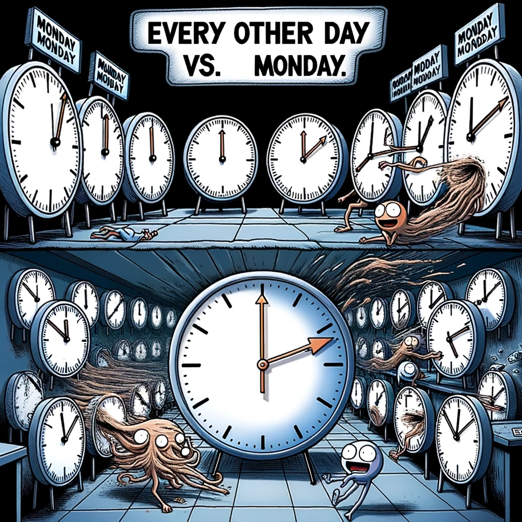 A humorous Monday meme depicting a series of clocks, each showing a different time, with the backgrounds representing different days of the week. All clocks are animated, their hands moving rapidly, except for one that is stuck at Monday 9 AM, which is highlighted and stands out prominently. This clock is frozen in time, symbolizing the slow passage of Monday compared to other days. The overall atmosphere of the image should evoke the feeling of time flying by, except on Mondays. The caption below reads, "Every other day vs. Monday." The image should be playful and exaggerated, emphasizing the comedic slow pace of Mondays.