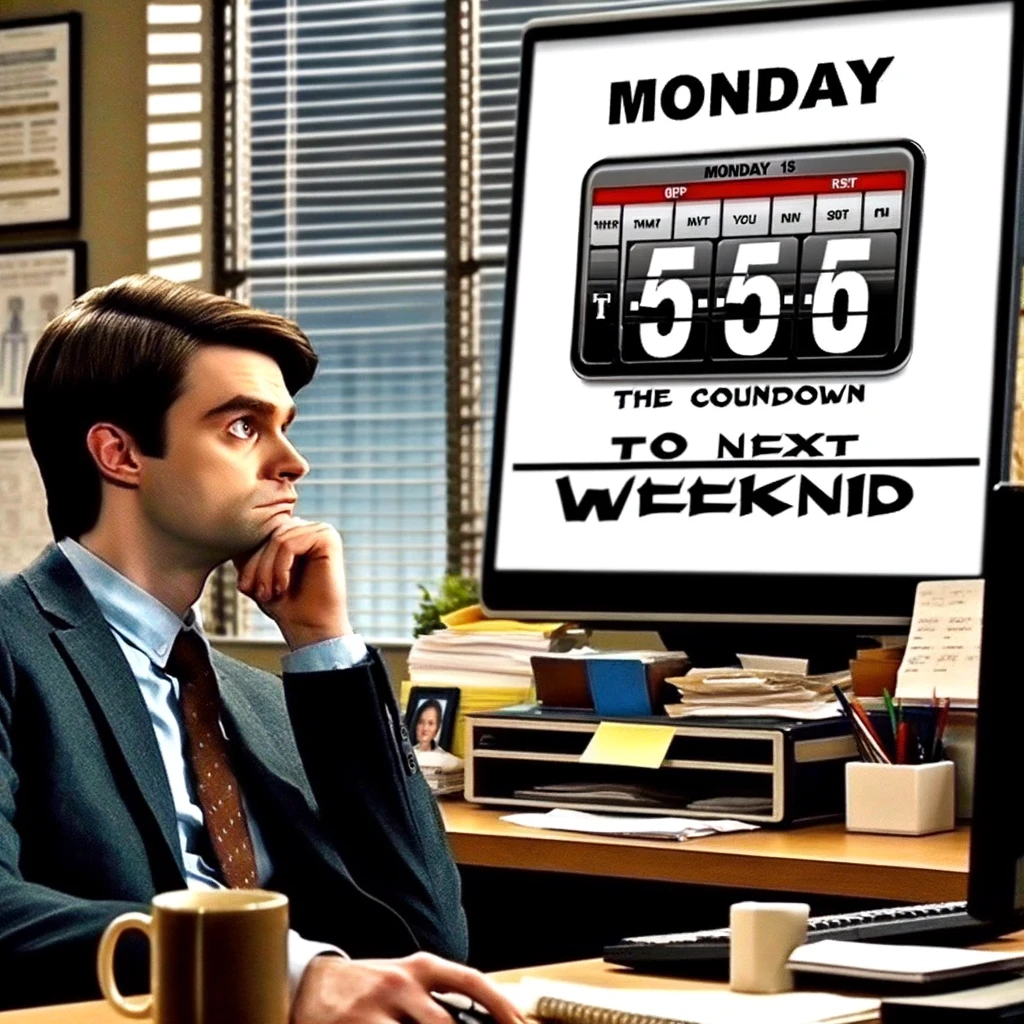 A Monday meme showing an office worker staring at a computer screen, which displays a large, prominent countdown timer labeled 'Until next weekend'. The worker's expression is a mix of resignation and longing, humorously conveying the feeling of just starting a week but already anticipating the weekend. The office setting should be typical and mundane, emphasizing the contrast between the monotony of work and the excitement of the weekend. The caption below reads, "Monday - the start of the countdown to Friday 5 PM." This image should capture the universal sentiment of looking forward to the weekend right at the start of the week.