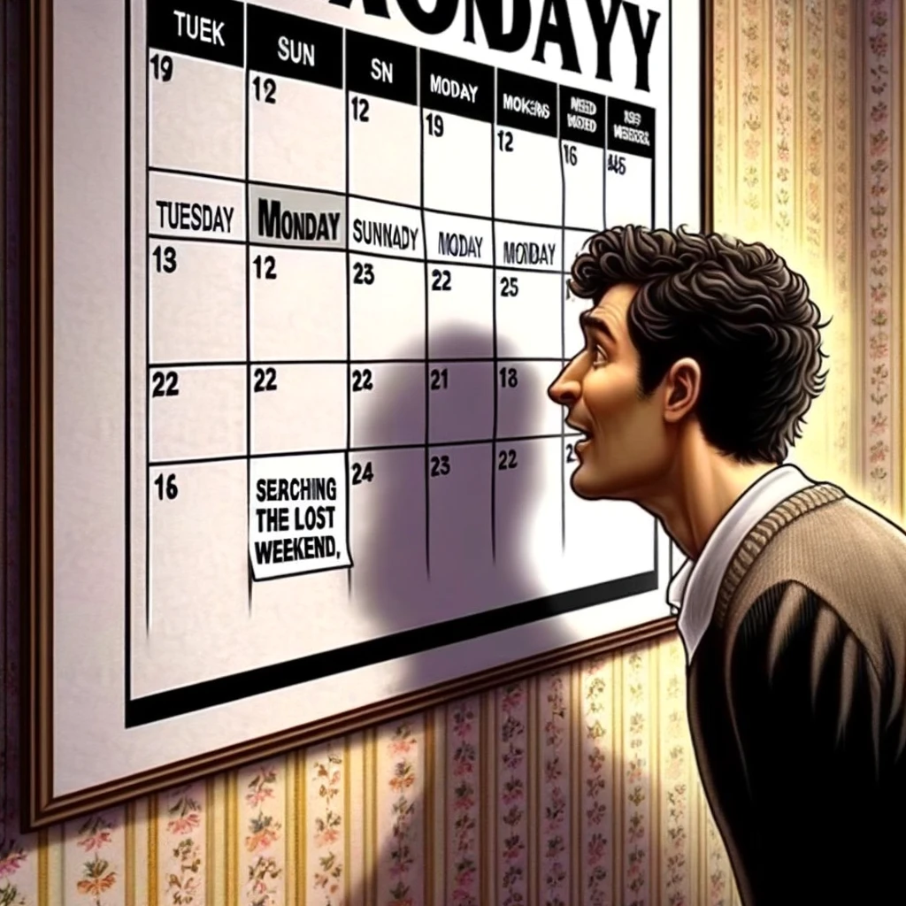 A Monday meme featuring a confused person looking at a calendar on a wall. The calendar shows Tuesday through Sunday clearly marked, but the Monday slot is mysteriously blank or invisible, creating a humorous and surreal effect. The person's expression is one of bewilderment and surprise, as if they are searching for the missing Monday. The overall scene should be light-hearted and whimsical, capturing the feeling of a 'lost' weekend extending into Monday. The caption below reads, "Searching for the lost weekend on a Monday morning." This image should playfully represent the desire to extend the weekend into the start of the week.