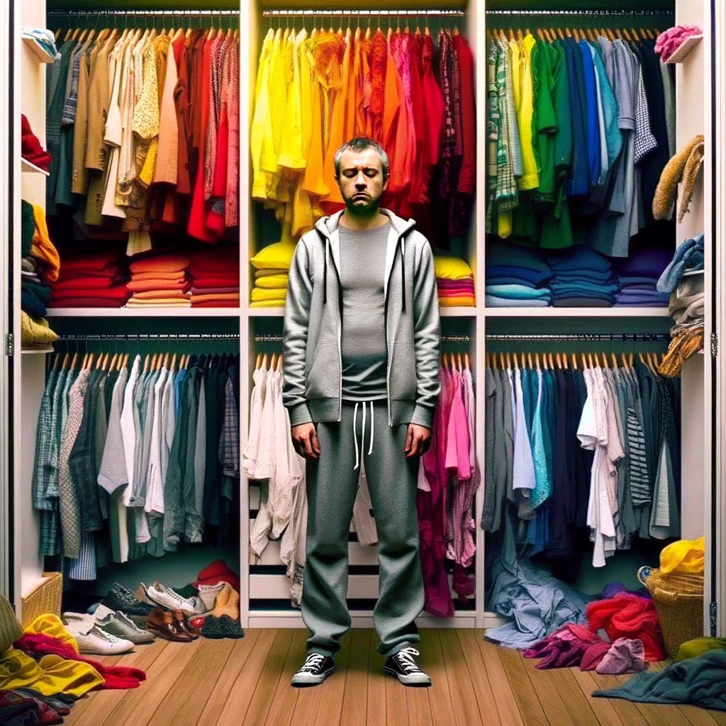 A person standing in front of a closet full of vibrant, colorful clothes, yet they are wearing a plain, grey outfit. The image should show the contrast between the colorful closet and the dull grey outfit. The person looks unenthusiastic, perhaps a bit sleepy or uninterested, capturing the essence of a typical Monday mood. The closet is open, revealing a variety of bright and cheerful clothes, which makes the grey outfit stand out even more. The caption at the bottom reads: "Dressing for success on Monday... as long as it's grey and comfortable." The style should be realistic and relatable, emphasizing the Monday blues through clothing choices.