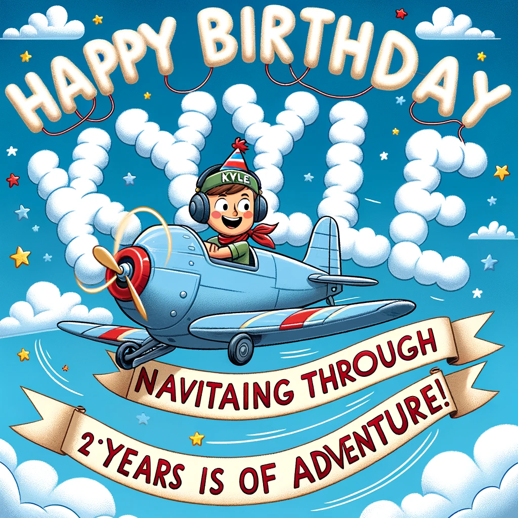 Kyle is in the cockpit of a plane flying through a sky with cloud letters spelling out "Happy Birthday." The plane is trailing a banner with "Captain Kyle: Navigating through [Age] years of adventure!"