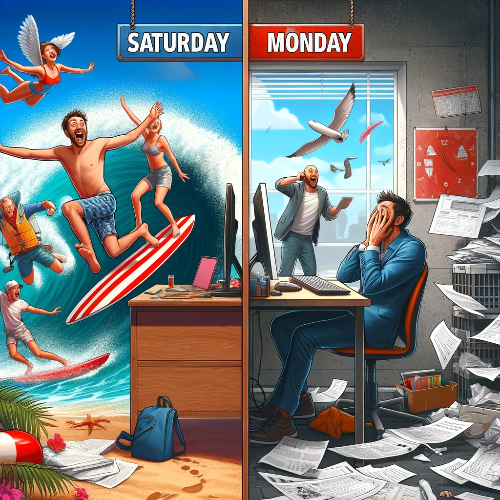 A split-screen image; one side shows a person doing exciting activities, labeled 'Saturday' and 'Sunday', and the other side shows the same person looking overwhelmed at a desk overflowing with work, labeled 'Monday'. The Saturday and Sunday side should depict the person in various fun and adventurous activities, conveying a sense of enjoyment and relaxation. In contrast, the Monday side should show the person at a cluttered desk, surrounded by piles of papers and a computer, looking stressed and overwhelmed. The contrast between the two sides should be stark, emphasizing the drastic shift from weekend leisure to Monday workloads. The style should be realistic and relatable.