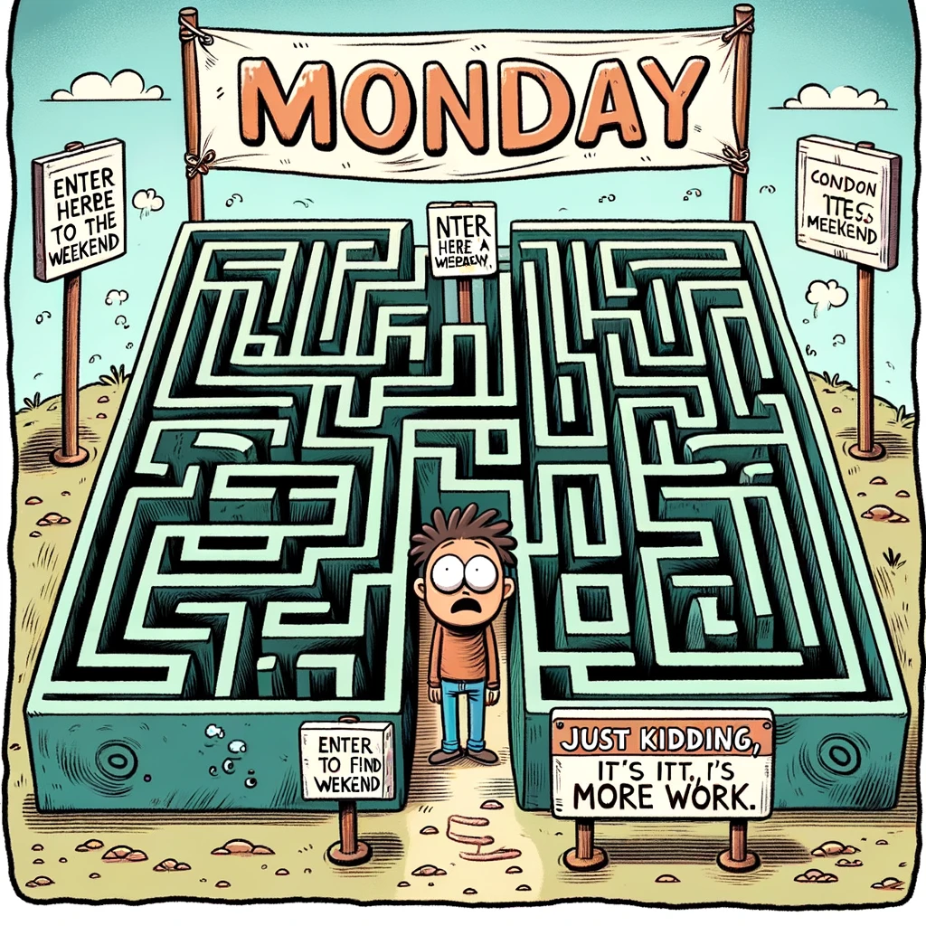 A cartoon or clipart of a person looking bewildered in a complex maze labeled 'Monday'. The maze is intricate and confusing, symbolizing the complexity and challenges of a Monday. The person in the maze appears lost and bewildered, trying to navigate through the twists and turns. At the entrance of the maze, there's a sign saying "Enter here to find the weekend," and at the exit, another sign reads "Just kidding, it's more work." The style should be cartoonish and humorous, adding a light-hearted touch to the concept of facing a challenging Monday. The image should be colorful and engaging, with the maze dominating the scene.