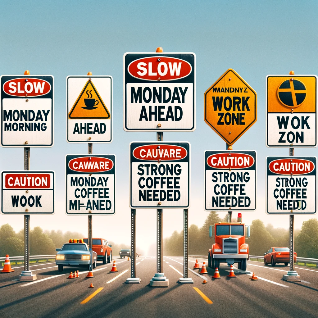 A series of traffic signs with messages related to Monday morning. The signs should include messages like "Slow: Monday Ahead", "Beware: Work Zone", and "Caution: Strong Coffee Needed". Each sign is designed in the style of typical road signs but with a humorous twist related to the challenges of Monday morning. The background should depict a road or highway scene to enhance the context. The signs should be prominently displayed and easily readable, with a light-hearted and amusing feel to the overall image. The caption at the bottom reads: "Navigating the Monday morning commute." The style should be realistic yet playful, capturing the essence of a typical Monday morning scenario in a relatable way.