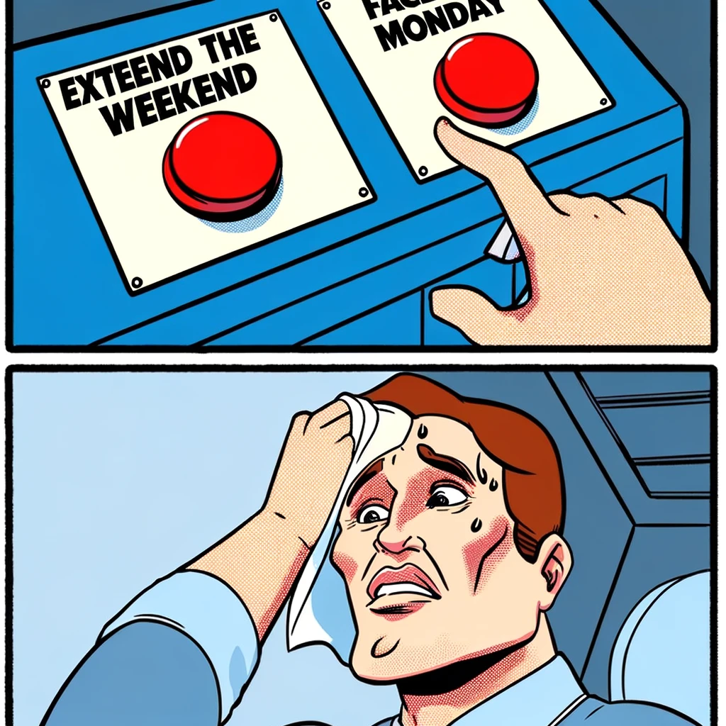 A comic strip showing a person debating between two buttons to press. One button is labeled "Extend the weekend" and the other "Face Monday". The person should have an expression of intense indecision, embodying the common dilemma of wanting to extend the weekend versus facing the responsibilities of Monday. The scene should be simple yet expressive, focusing on the character's facial expressions and the two clearly labeled buttons. The comic strip style should be humorous and relatable, capturing the essence of the Monday dilemma. The image should have a light-hearted tone, appealing to the universal feeling of wanting to postpone the start of the workweek.