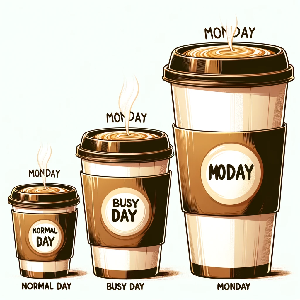 An image of three coffee cups increasing in size with labels: "Normal Day", "Busy Day", and "Monday". The first two cups are of standard sizes, reflecting typical coffee consumption for a normal and a busy day. The 'Monday' cup is comically oversized, humorously representing the need for extra caffeine to face Monday. The cups should be arranged in ascending order of size from left to right. The style should be playful and exaggerated, emphasizing the humorous aspect of needing a lot of coffee to get through a Monday. The background should be simple, keeping the focus on the cups and their labels, which should be clear and easily readable.