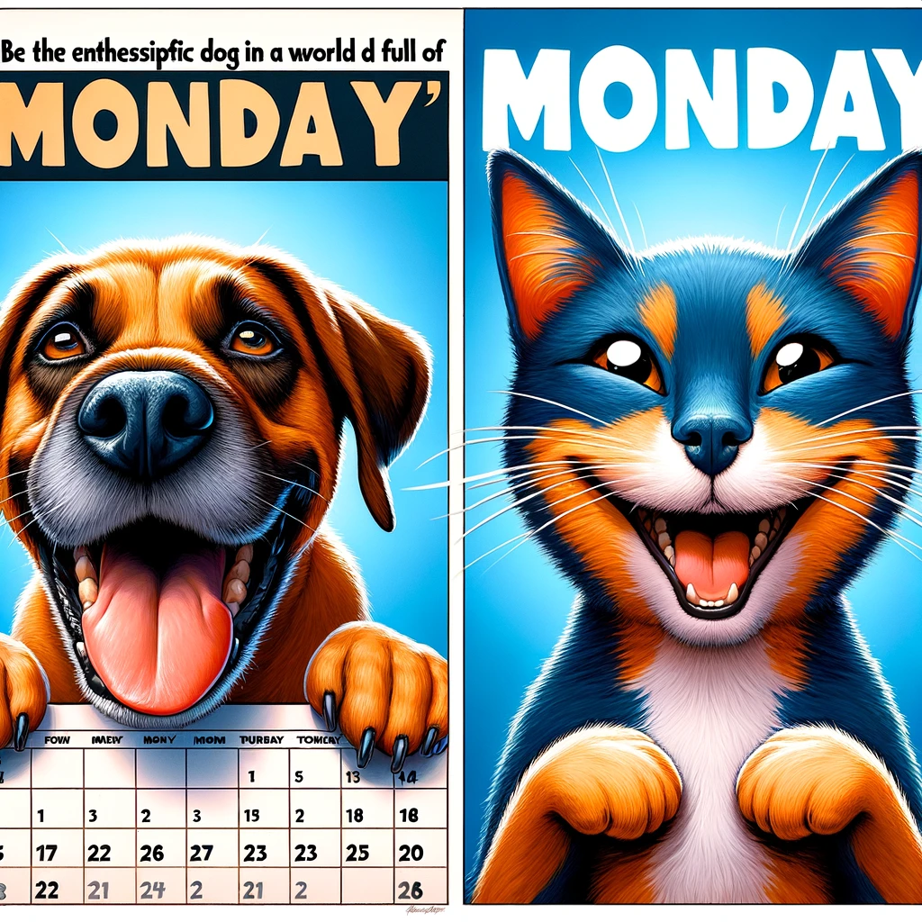 A happy dog or cat with a cheerful expression, contrasting with a calendar showing 'Monday'. The pet should be depicted in a joyful and enthusiastic pose, perhaps playing or smiling, representing optimism and happiness. The calendar in the background should clearly show the word 'Monday', highlighting the contrast between the pet's enthusiasm and the typical Monday blues. The image should capture the idea of being positive and cheerful in a typically gloomy scenario. The caption at the bottom reads: "Be the enthusiastic dog/cat in a world full of Monday blues." The style should be vibrant and uplifting, conveying a message of positivity and cheerfulness.